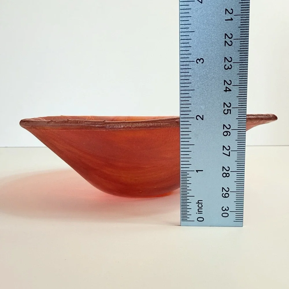 Vintage Red Orange Fused Art Glass Bowl Iridescent Abstract Line Dish